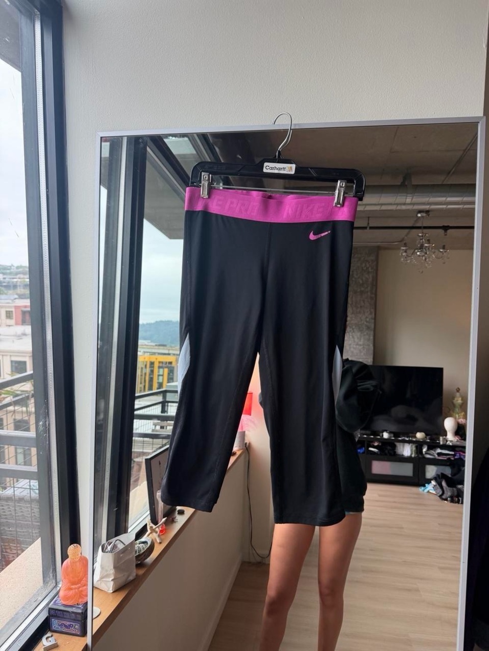 Nike Black Cropped Leggings with Pink Waistband and Logo